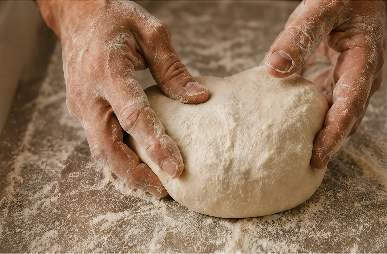 Hands working pizza dough